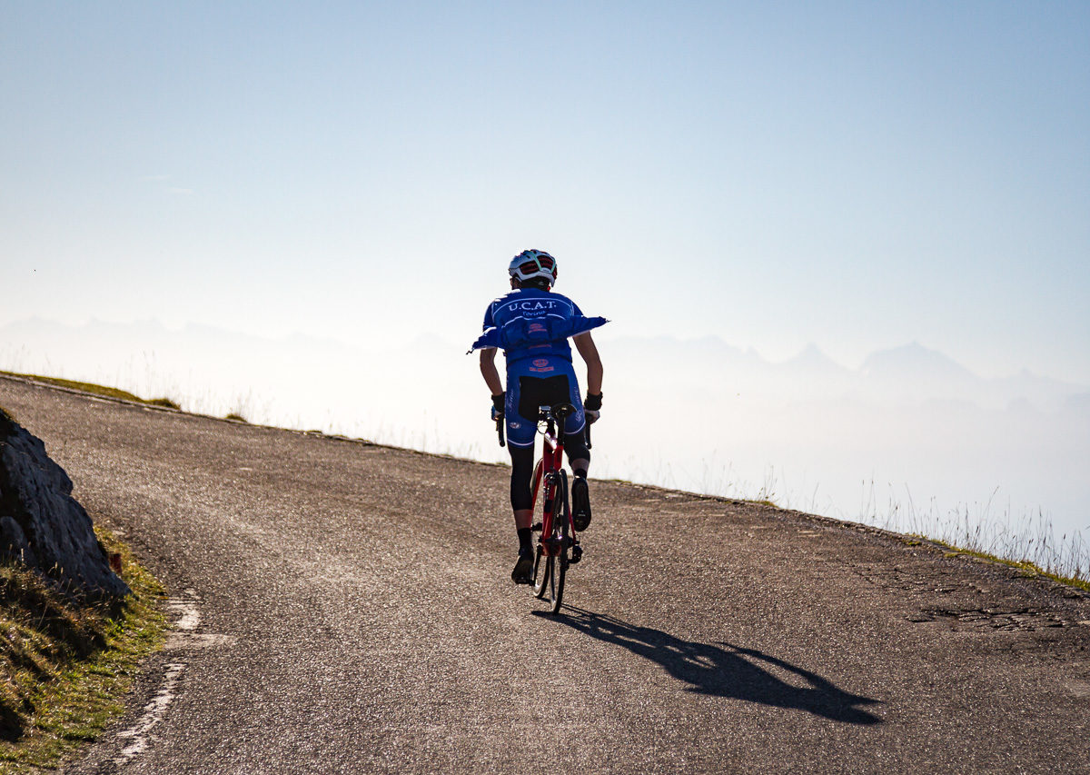 One man climbing Moint Chasseral in Kantion Bern, Switzerland