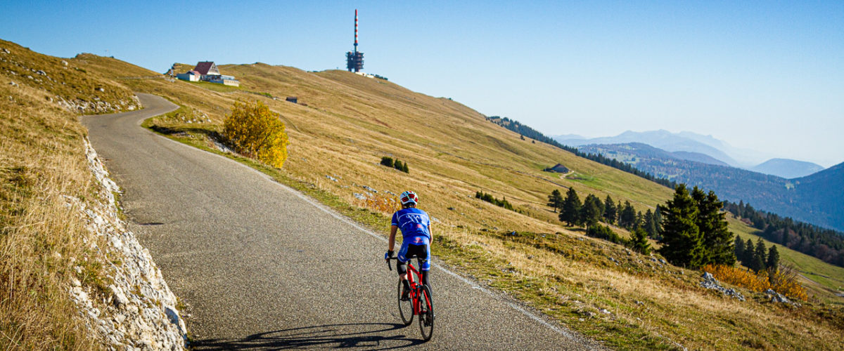 One man cycling up Mont Chasseral in Kanton Bern, Switzerland
