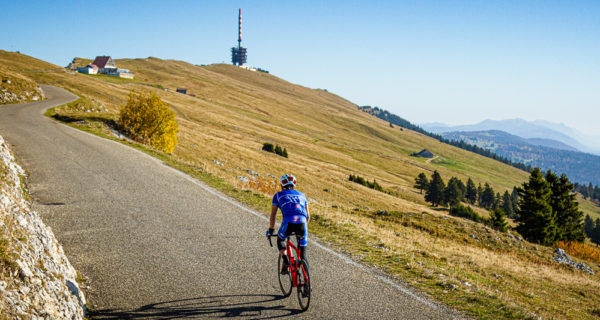 One man cycling up Mont Chasseral in Kanton Bern, Switzerland