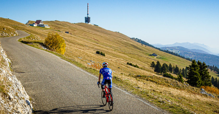 One man cycling up Mont Chasseral in Kanton Bern, Switzerland