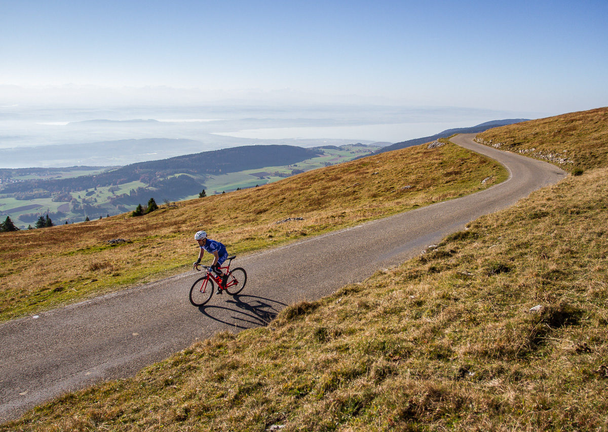 One man climbing Moint Chasseral in Kantion Bern, Switzerland