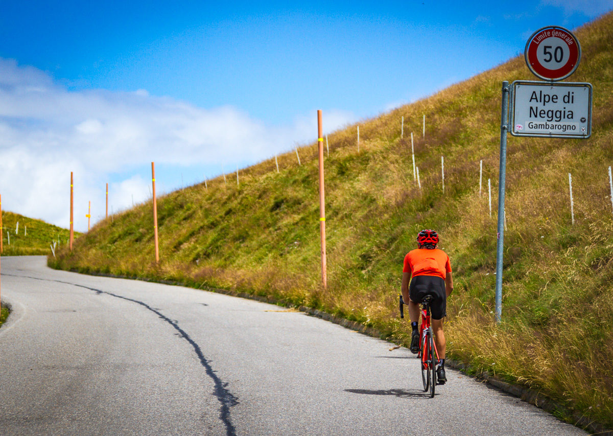 One male cyclist climbing to Alpe di Neggia in Ticino, Switzerland