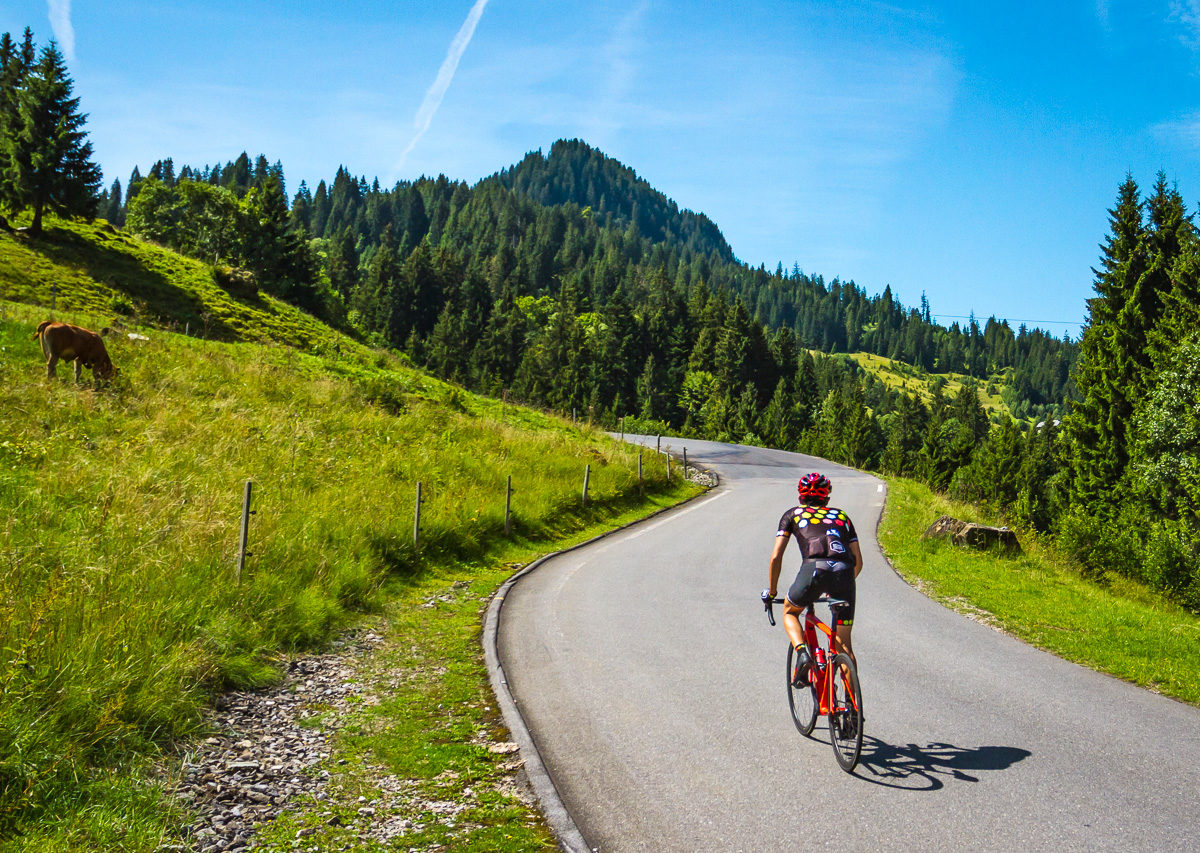 One male cyclist climbing Glaubenbergpass in Kanton Luzern, Switzerland