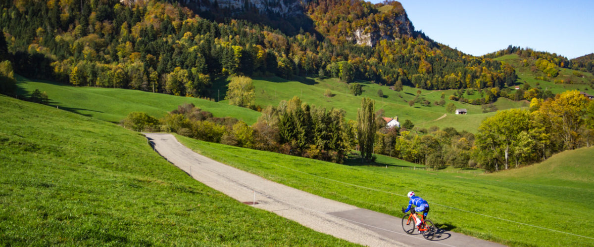 One male cyclist riding down Belchenpass in Kanton Baselland, Switzerland