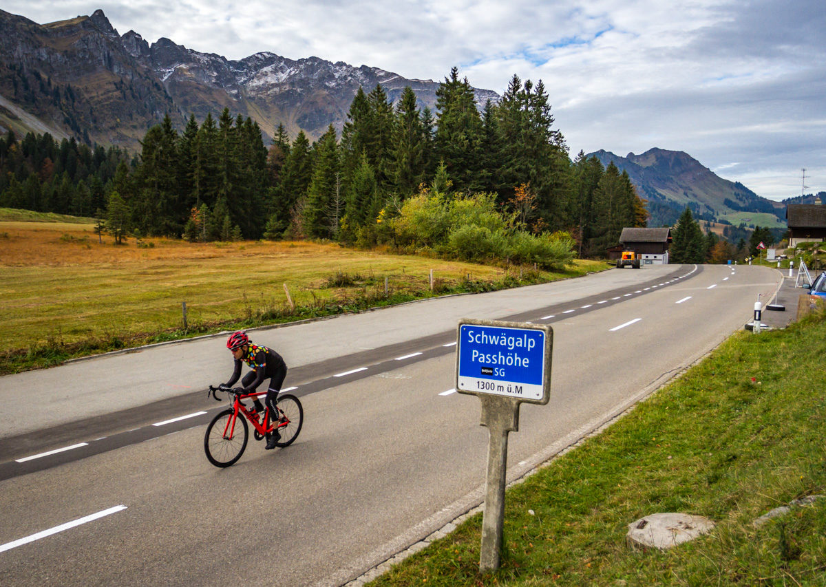 One male cyclist at the top of Schwägalp between the cantons of Appenzell and Sankt-Gallen, Switzerland