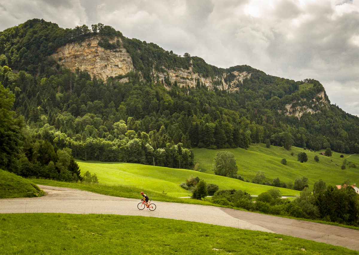 Switzerland Tourism-7456 One male cyclist climbing Belchenpass (Jura mountains) in Kanton Baselland, Switzerland
