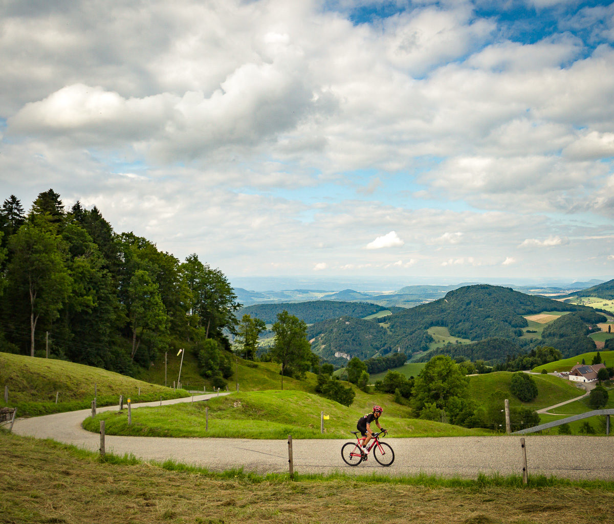 Switzerland Tourism-7637 One male cyclist climbing Belchenpass (Jura mountains) in Kanton Baselland, Switzerland